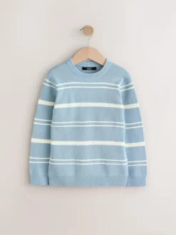 Next Blue Knitted Stripe Crew Neck 100% Cotton Jumper (3-16yrs) New