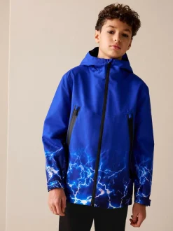 Next Blue Lightning Print Waterproof Fleece Lined Hooded Jacket (3-16yrs) Discount