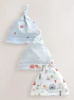 Next Blue London Tie Top Baby Hats 3 Pack (0-18mths) New