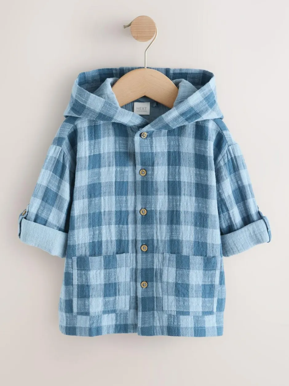 Next Blue Long Sleeve Check Hooded Shirt (3mths-7yrs) New