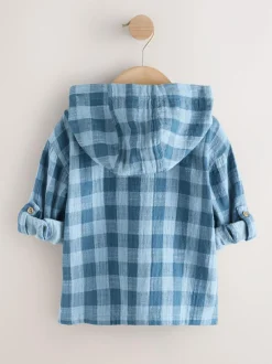 Next Blue Long Sleeve Check Hooded Shirt (3mths-7yrs) New