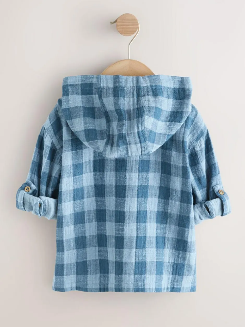 Next Blue Long Sleeve Check Hooded Shirt (3mths-7yrs) New