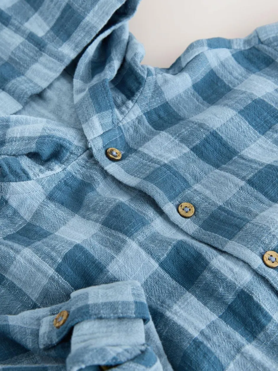 Next Blue Long Sleeve Check Hooded Shirt (3mths-7yrs) New