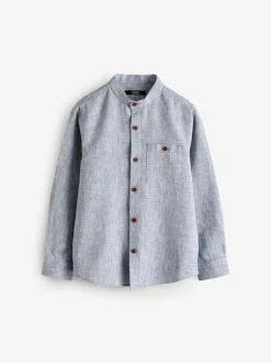 Next Long Sleeve Grandad Collar Cotton/Linen Mix Texture Shirt (3-16yrs) Blue Discount