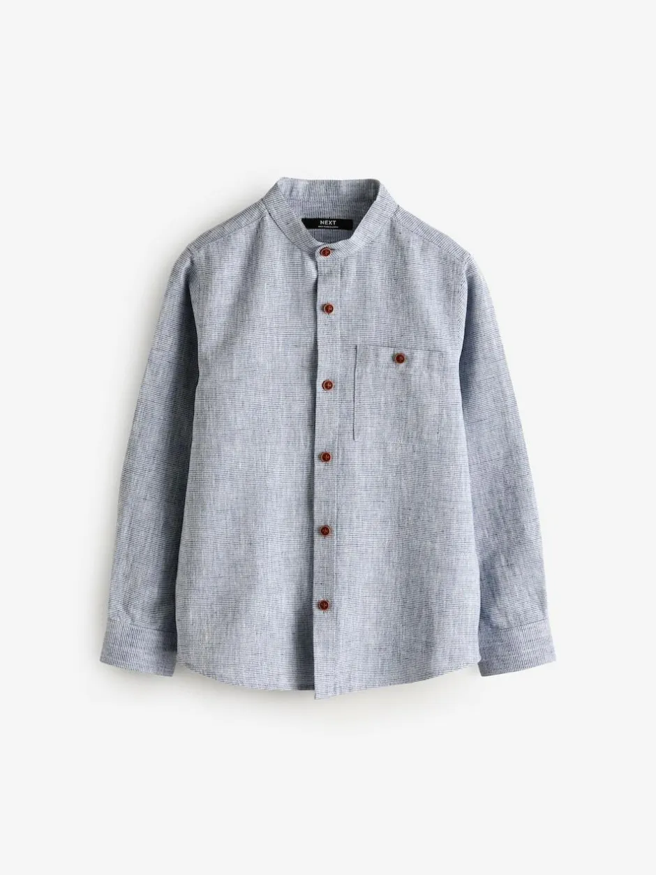 Next Long Sleeve Grandad Collar Cotton/Linen Mix Texture Shirt (3-16yrs) Blue Discount