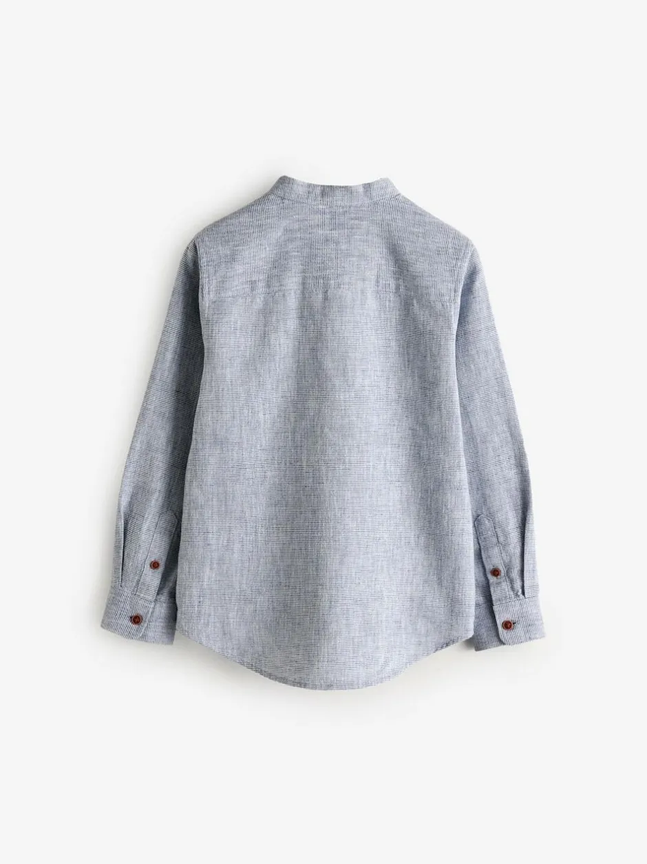 Next Long Sleeve Grandad Collar Cotton/Linen Mix Texture Shirt (3-16yrs) Blue Discount