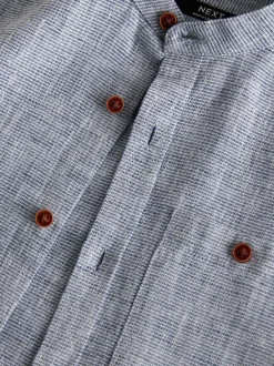 Next Long Sleeve Grandad Collar Cotton/Linen Mix Texture Shirt (3-16yrs) Blue Discount