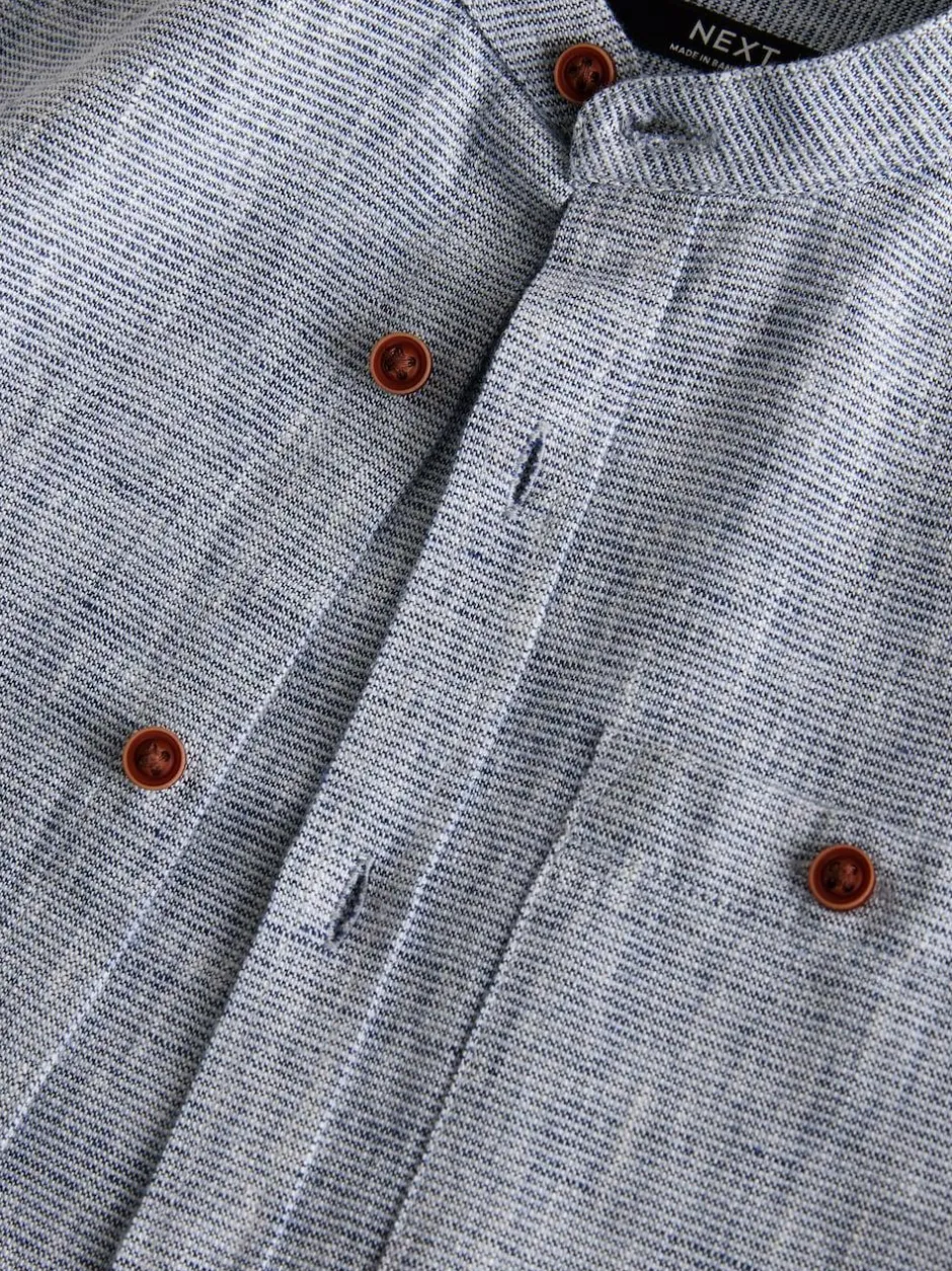 Next Long Sleeve Grandad Collar Cotton/Linen Mix Texture Shirt (3-16yrs) Blue Discount