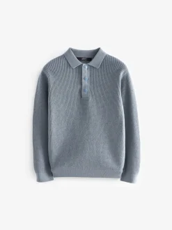 Next Blue Long Sleeve Textured Polo Shirt (3-16yrs) Hot