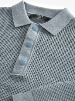 Next Blue Long Sleeve Textured Polo Shirt (3-16yrs) Hot