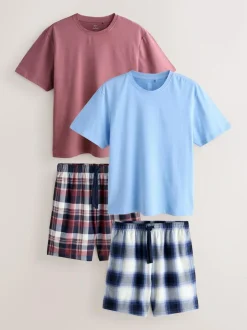 Next Blue/ Mauve Purple Cosy Short Sleeve Pyjamas Set 2 Pack
