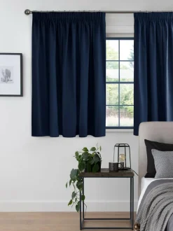 Next Blue Navy Cotton Blackout/Thermal Pencil Pleat Curtains Discount