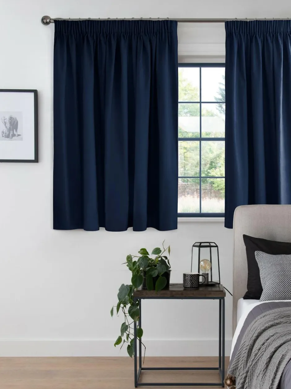 Next Blue Navy Cotton Blackout/Thermal Pencil Pleat Curtains Discount