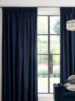 Next Blue Navy Cotton Blackout/Thermal Pencil Pleat Curtains Discount