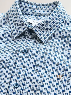 Next Printed Stretch Oxford Short Sleeve Shirt Blue Clearance