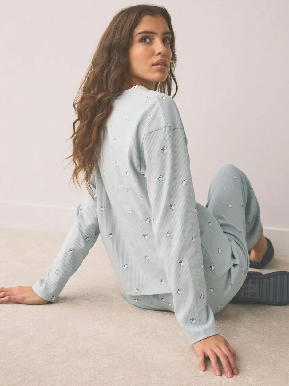 Next Ribbed Long Sleeve Pyjamas Blue Puffin Hot