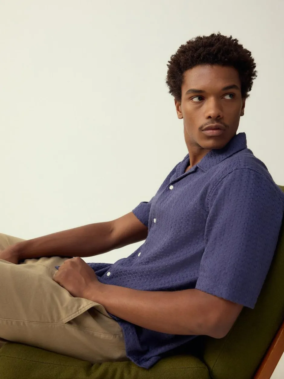 Next Regular Fit Textured Waffle Short Sleeve Shirt Blue Sale