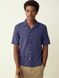 Next Regular Fit Textured Waffle Short Sleeve Shirt Blue Sale