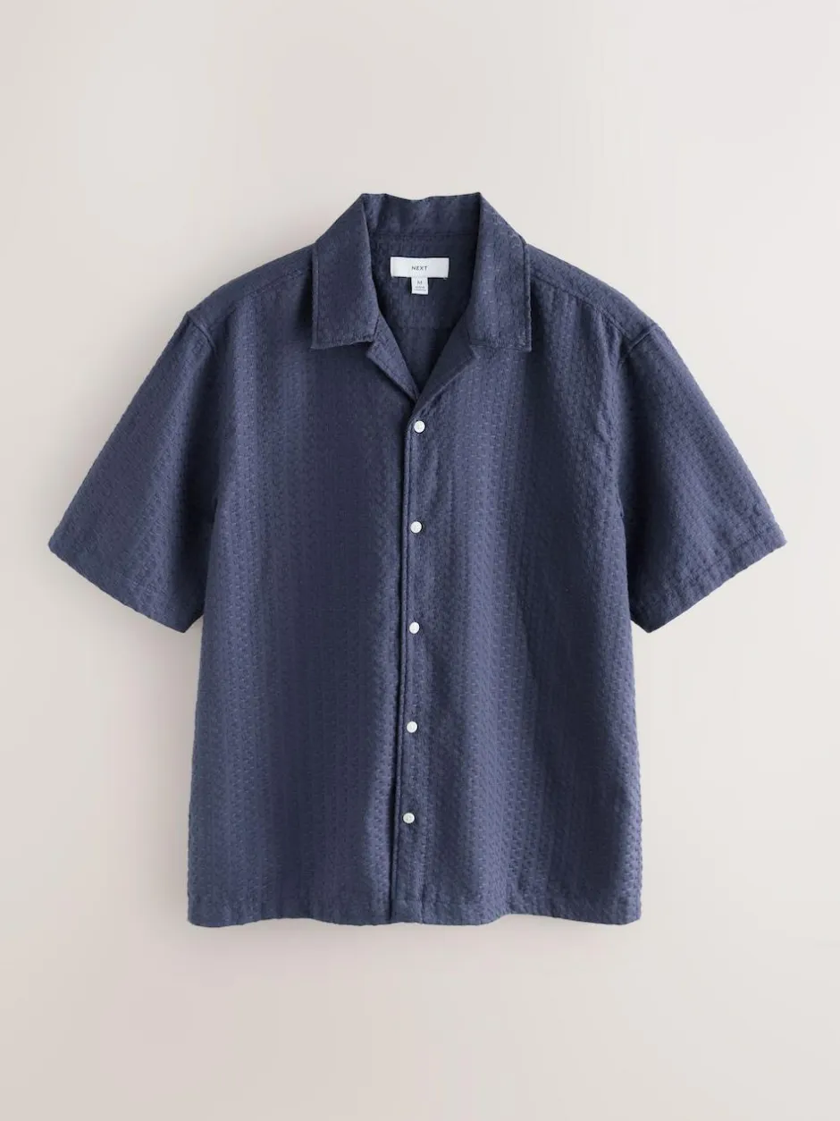 Next Regular Fit Textured Waffle Short Sleeve Shirt Blue Sale