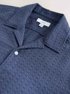 Next Regular Fit Textured Waffle Short Sleeve Shirt Blue Sale