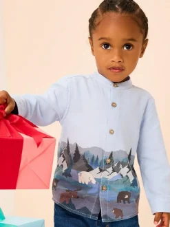 Next Long Sleeve Grandad Christmas Printed Shirt (3mths-10yrs) Blue Scene