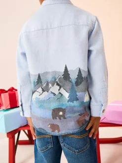 Next Long Sleeve Grandad Christmas Printed Shirt (3mths-10yrs) Blue Scene