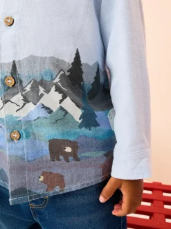 Next Long Sleeve Grandad Christmas Printed Shirt (3mths-10yrs) Blue Scene