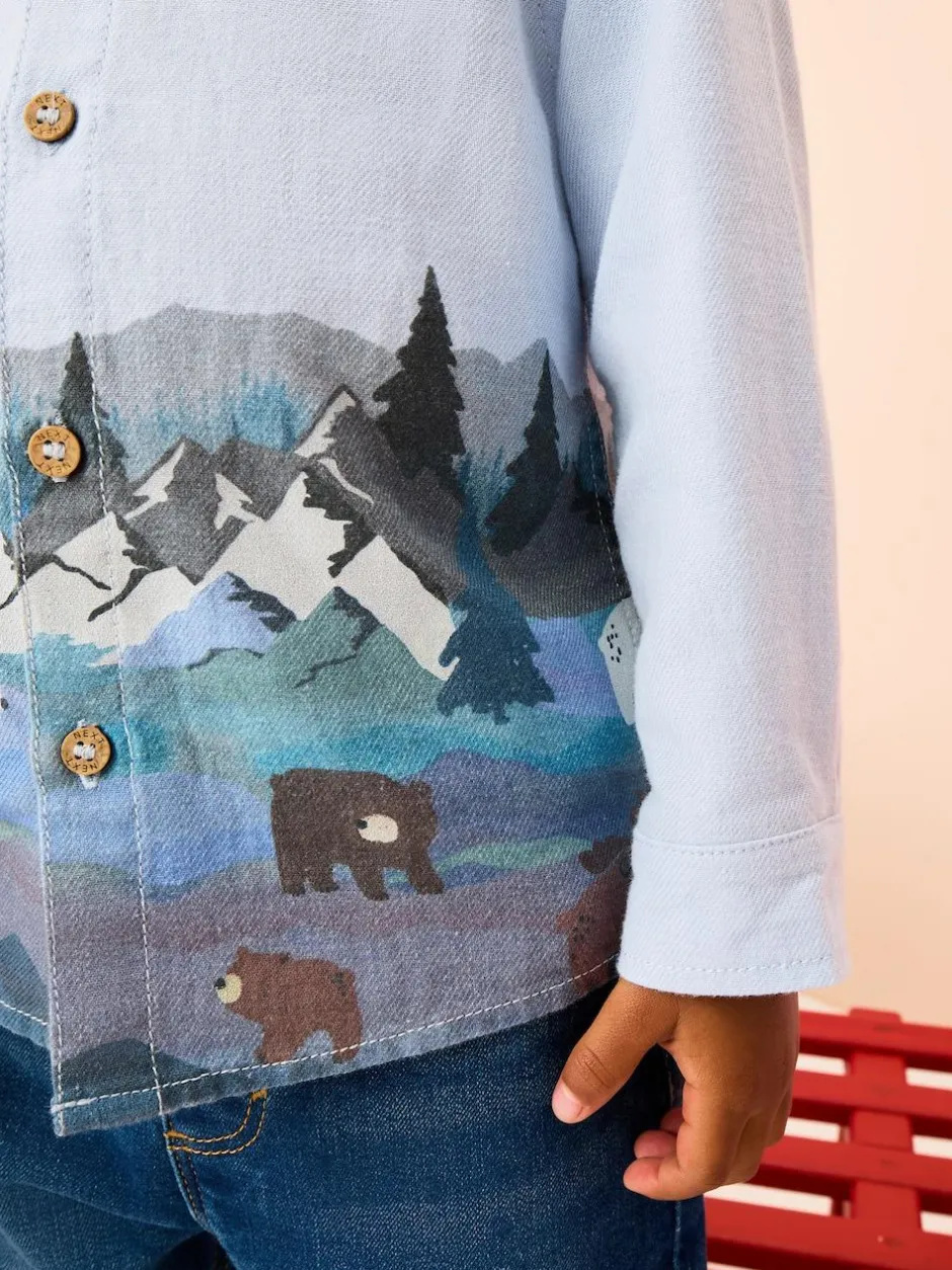 Next Long Sleeve Grandad Christmas Printed Shirt (3mths-10yrs) Blue Scene