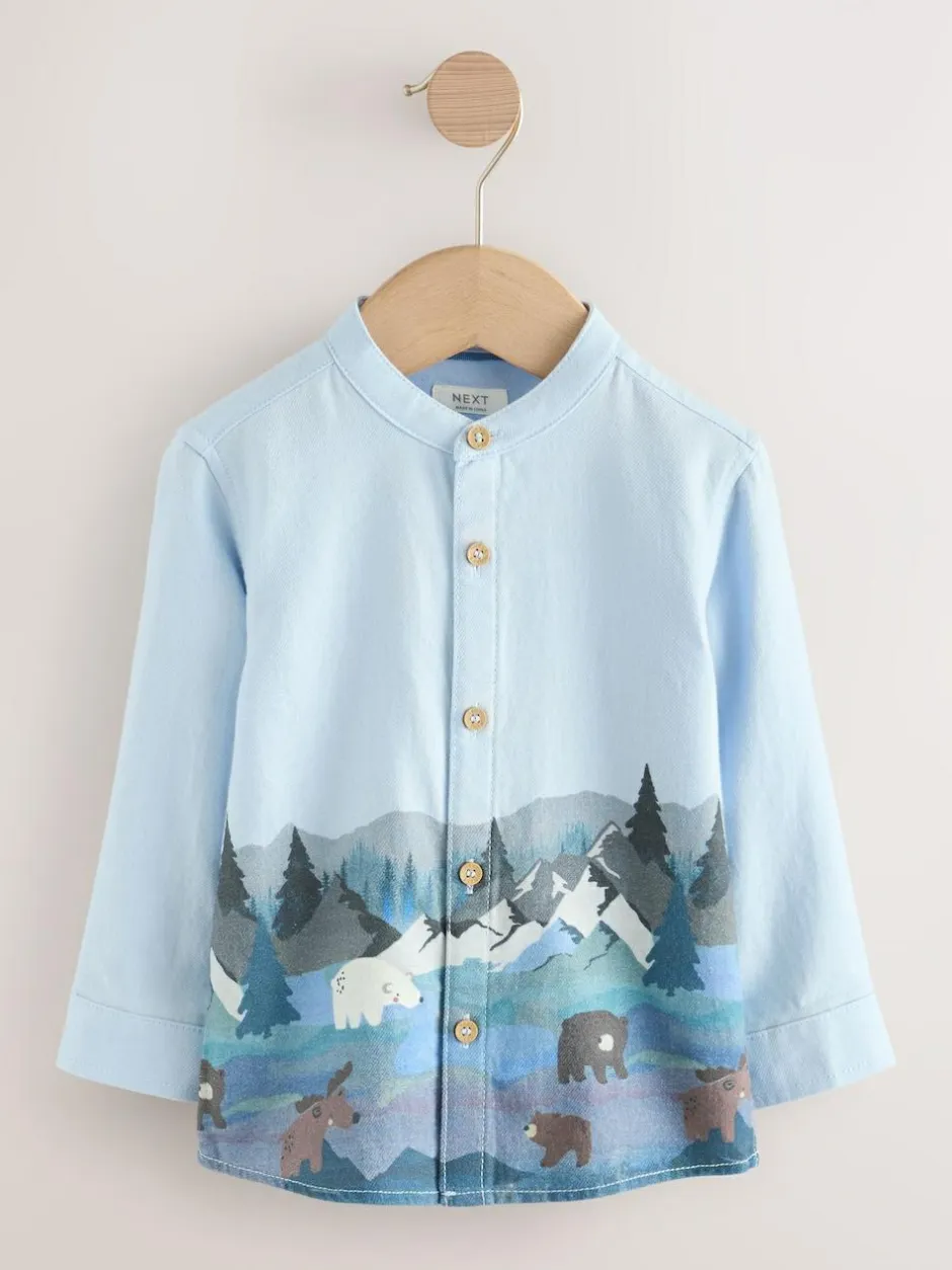 Next Long Sleeve Grandad Christmas Printed Shirt (3mths-10yrs) Blue Scene