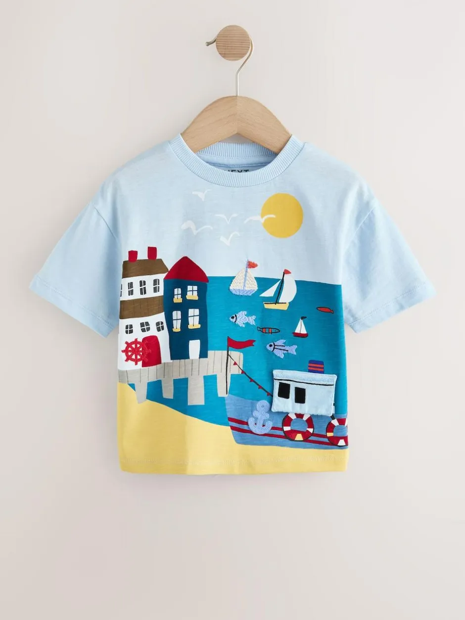 Next Blue Seaside Short Sleeve Appliqué T-Shirt (3mths-7yrs) Outlet