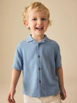 Next Short Sleeves Linen Blend Revere Collar Shirt (3mths-7yrs) Blue Clearance