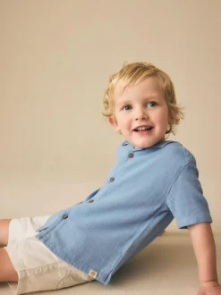 Next Short Sleeves Linen Blend Revere Collar Shirt (3mths-7yrs) Blue Clearance