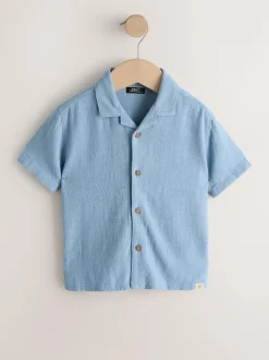 Next Short Sleeves Linen Blend Revere Collar Shirt (3mths-7yrs) Blue Clearance