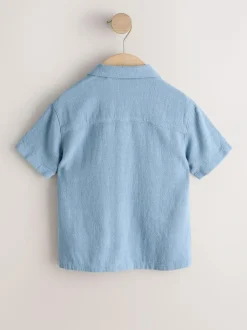 Next Short Sleeves Linen Blend Revere Collar Shirt (3mths-7yrs) Blue Clearance