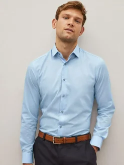 Next Blue Slim Fit Easy Care Textured Single Cuff Smart Shirt Best