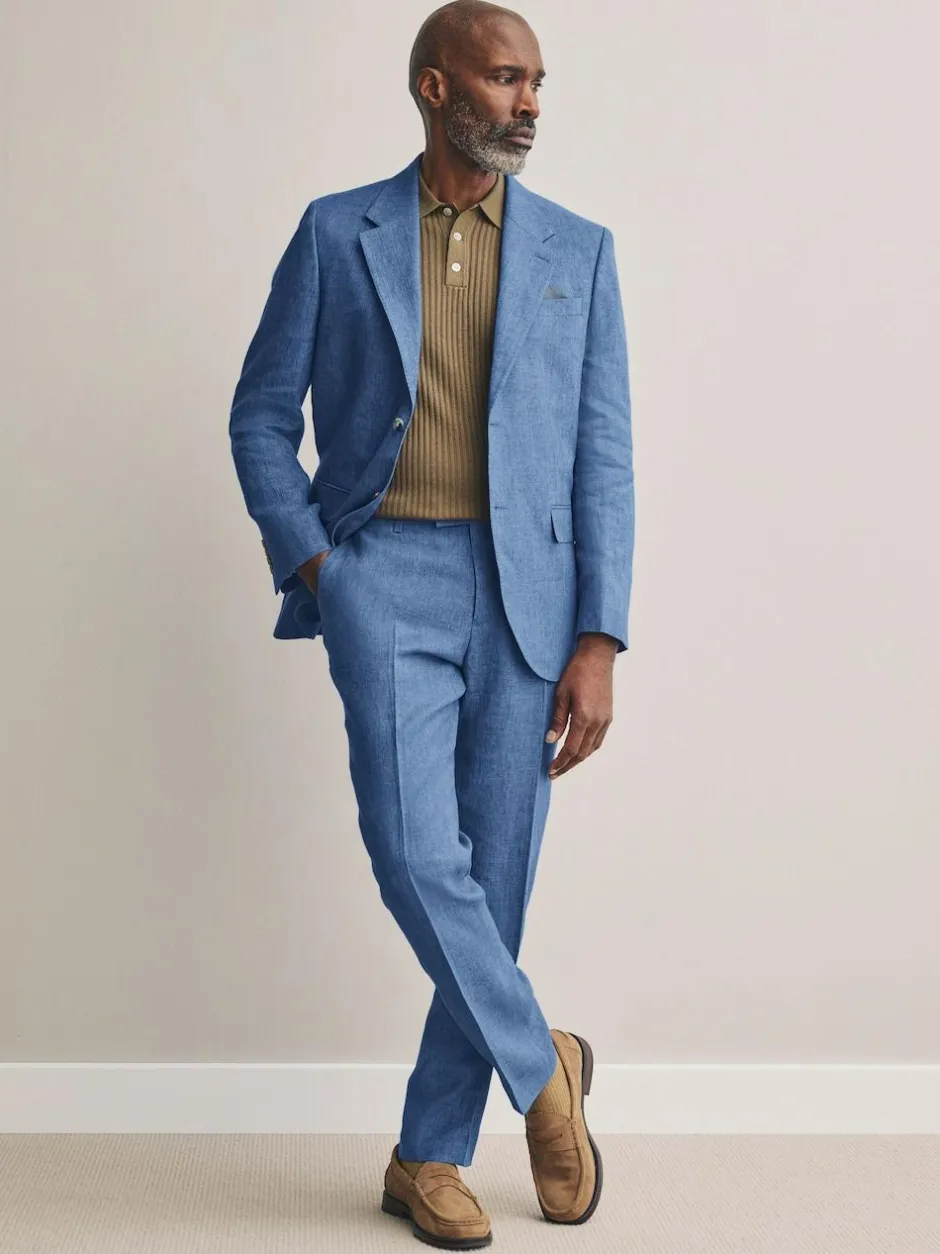 Next Slim Fit Leomaster Italian 100% Linen Suit Jacket Blue Hot