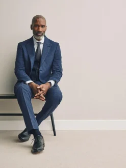 Next Slim Fit Tollegno Linen Blend Check Suit Jacket Blue