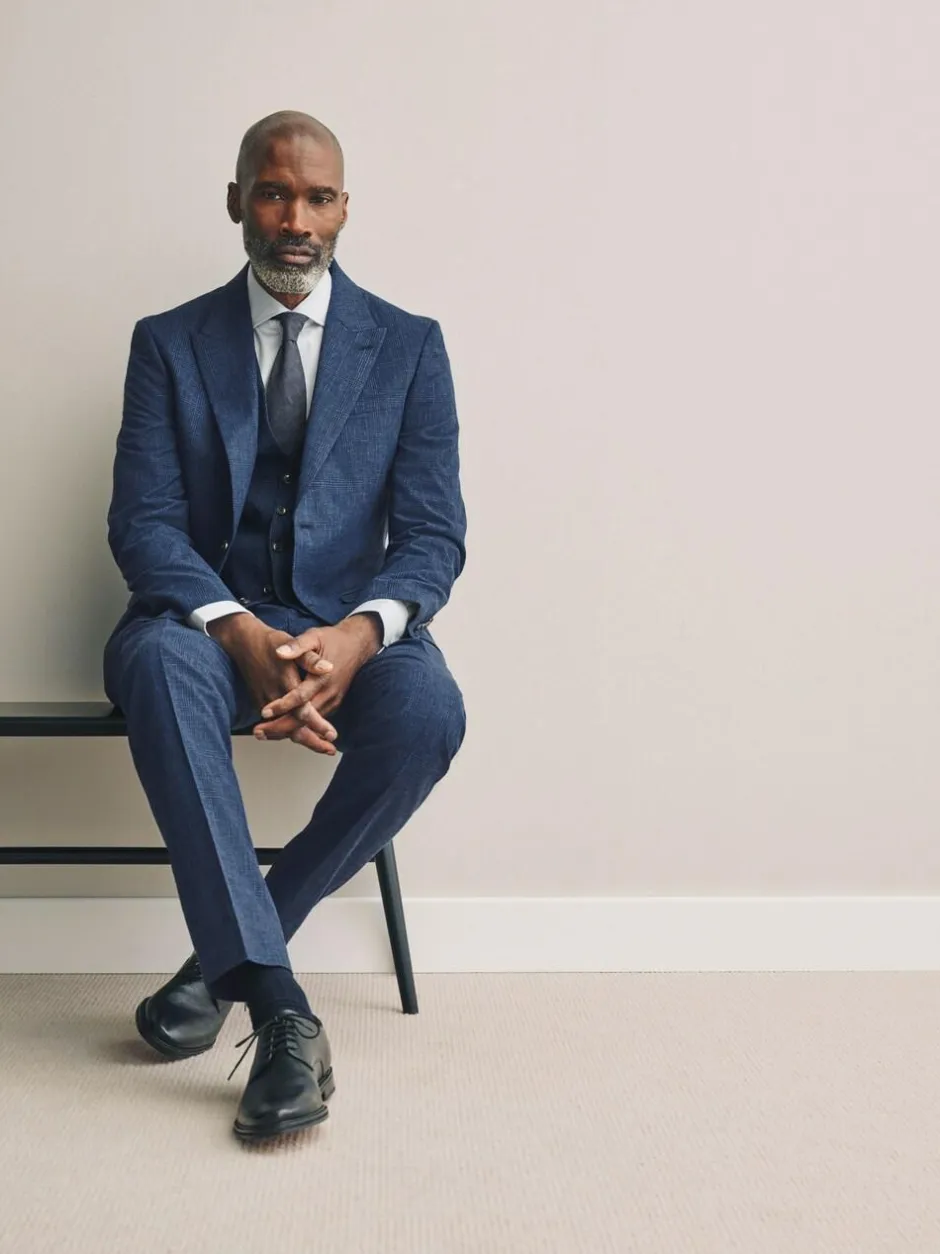 Next Slim Fit Tollegno Linen Blend Check Suit Jacket Blue