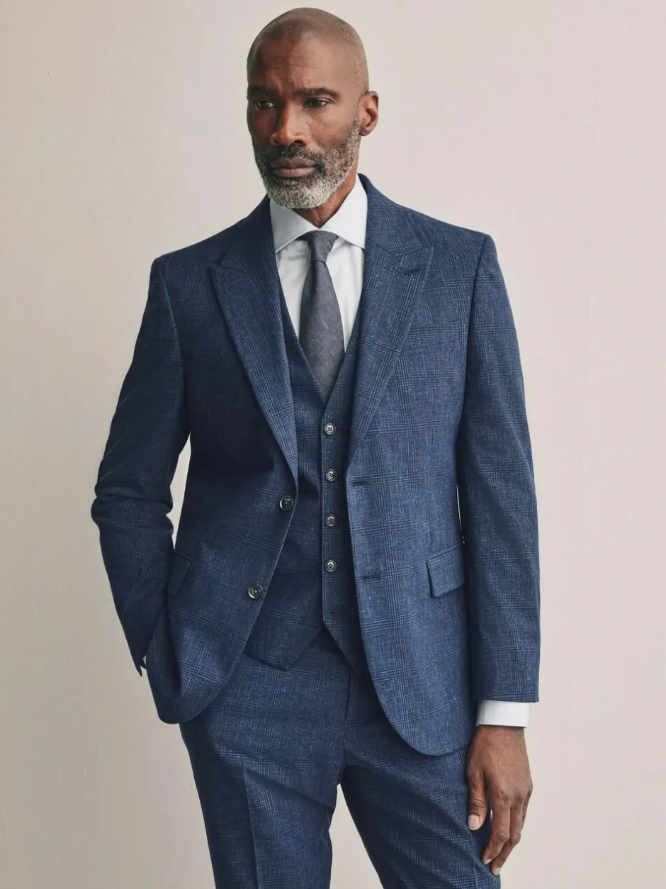 Next Slim Fit Tollegno Linen Blend Check Suit Jacket Blue