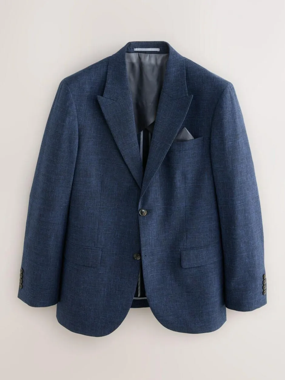 Next Slim Fit Tollegno Linen Blend Check Suit Jacket Blue