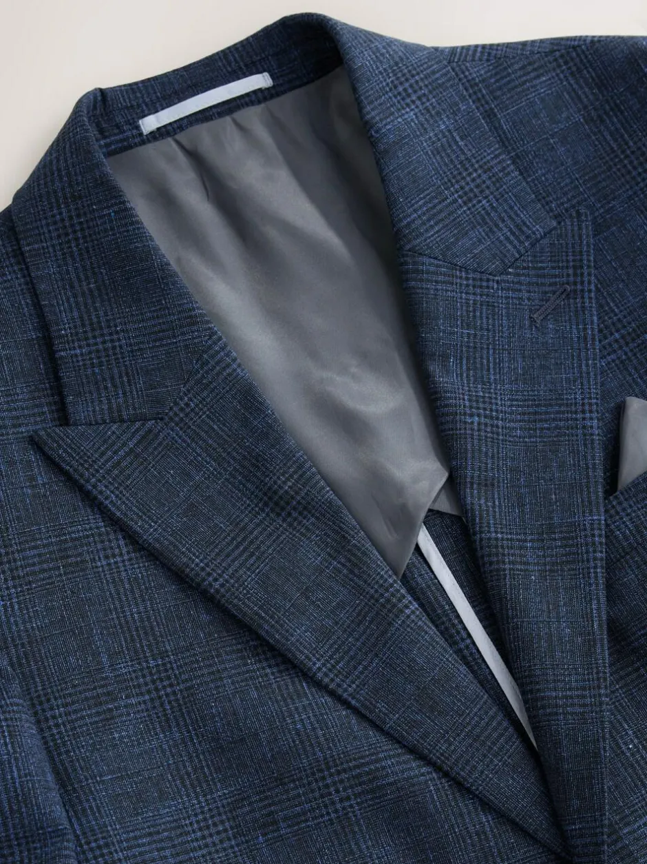 Next Slim Fit Tollegno Linen Blend Check Suit Jacket Blue