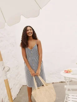 Next Jersey Button Down Midi Dress Blue Stripe New