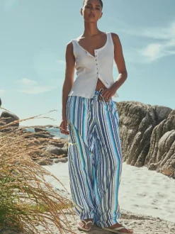 Next Pull On Wide Leg Trousers Blue Stripe Online