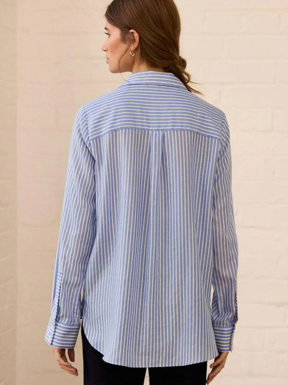 Next Soft Relaxed Long Sleeve V Neck Shirt Blue Stripe Hot
