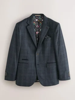 Next Blue Tailored Fit Trimmed Check Suit Jacket Clearance