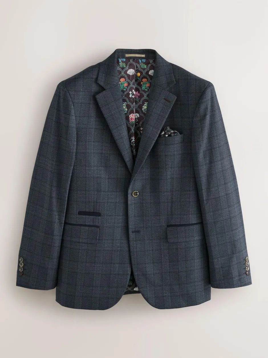 Next Blue Tailored Fit Trimmed Check Suit Jacket Clearance
