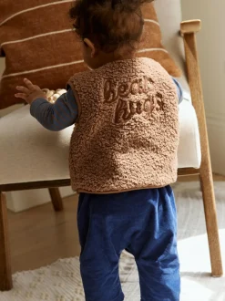 Next Baby Gilet Top and Leggings Set (0mths-2yrs) Blue/Brown Bear Hugs Slogan Borg Outlet