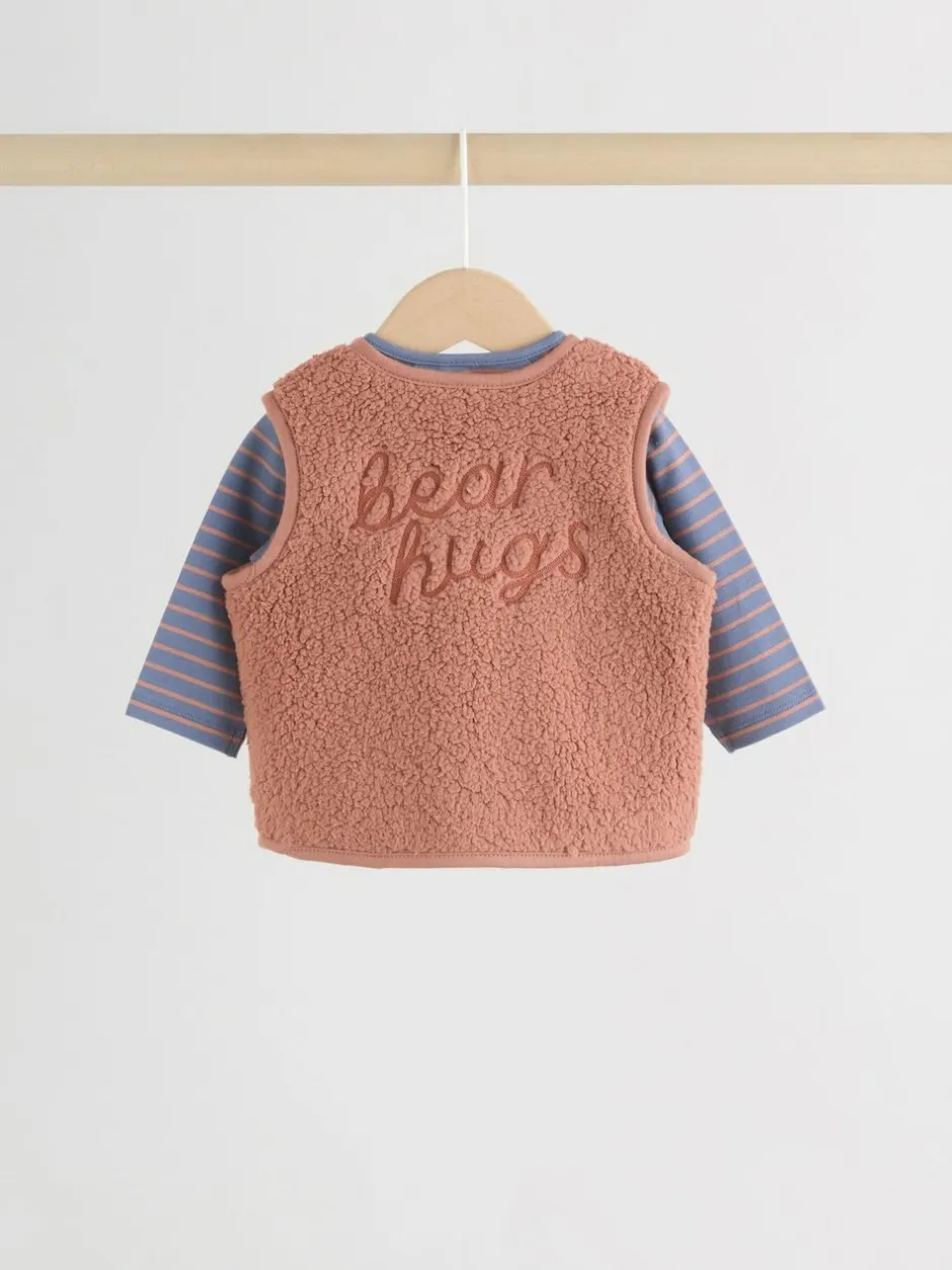 Next Baby Gilet Top and Leggings Set (0mths-2yrs) Blue/Brown Bear Hugs Slogan Borg Outlet