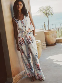 Next Pull On Wide Leg Trousers With Linen Blue/Ecru Outlet