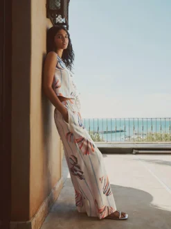 Next Pull On Wide Leg Trousers With Linen Blue/Ecru Outlet